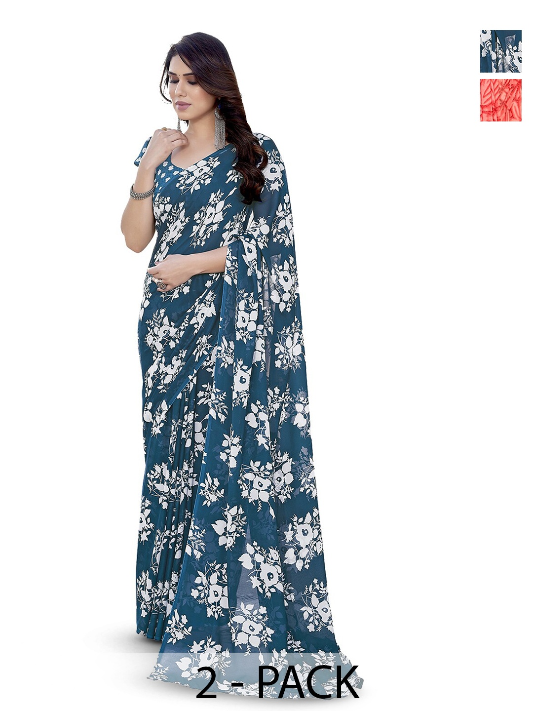 

ANAND SAREES Selection Of 2 Floral Printed Saree, Blue