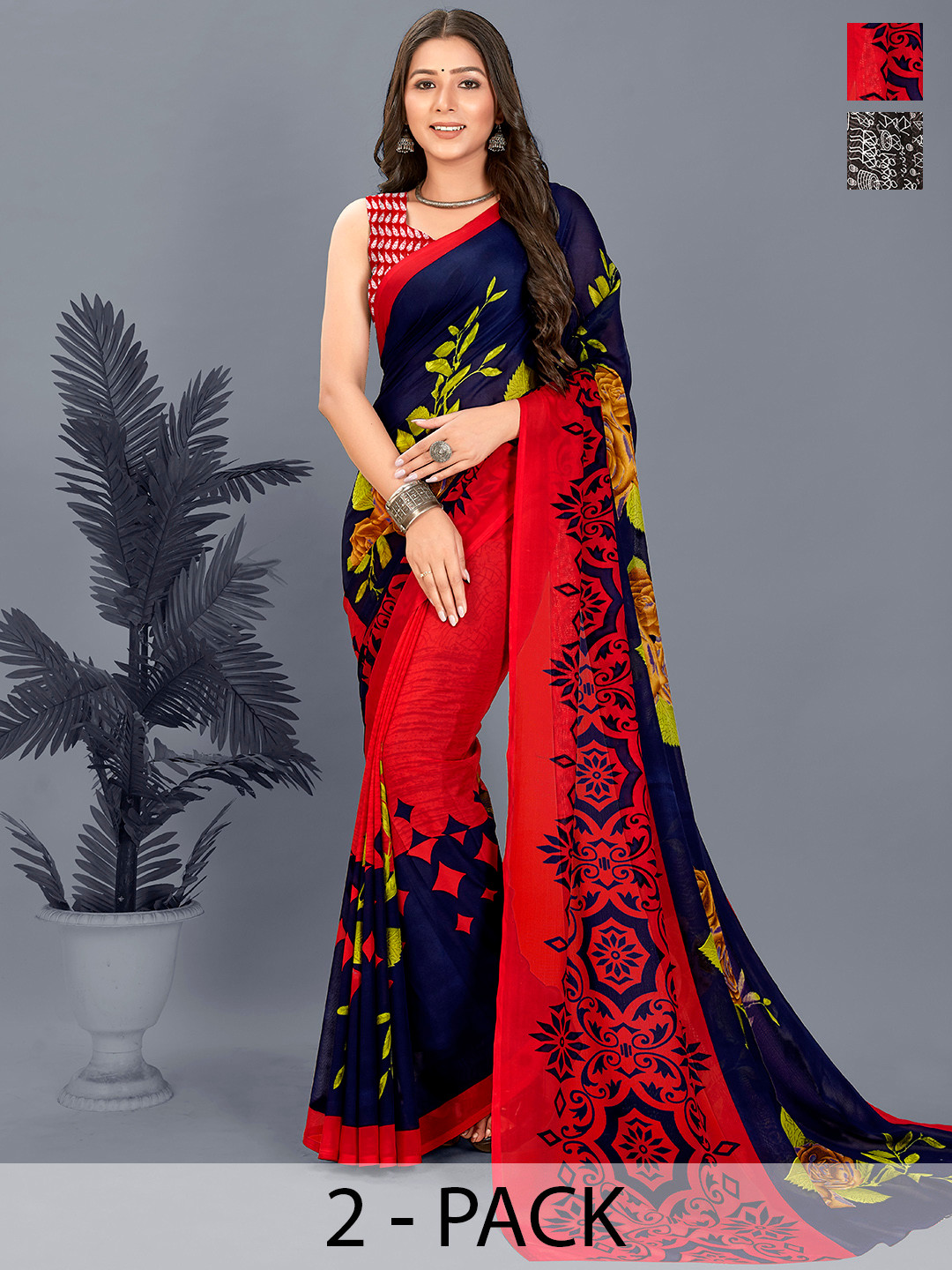 

ANAND SAREES Floral Saree Pack of 2, Black