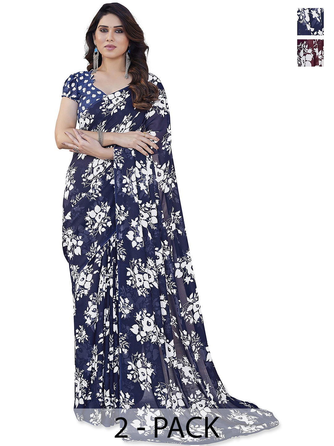 

ANAND SAREES Floral Saree Pack of 2, Navy blue