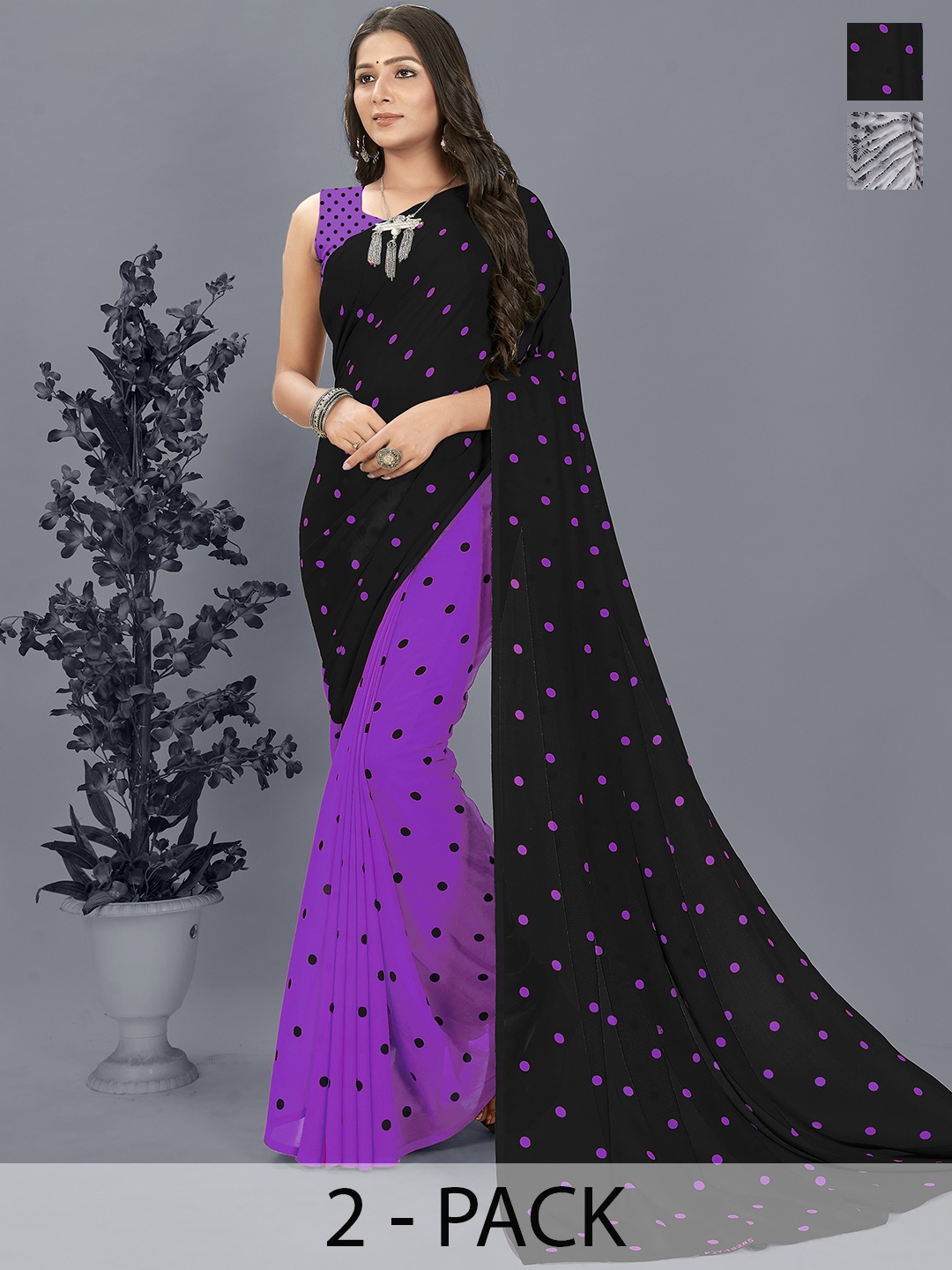 

ANAND SAREES Polka Dot Saree Pack of 2, Black