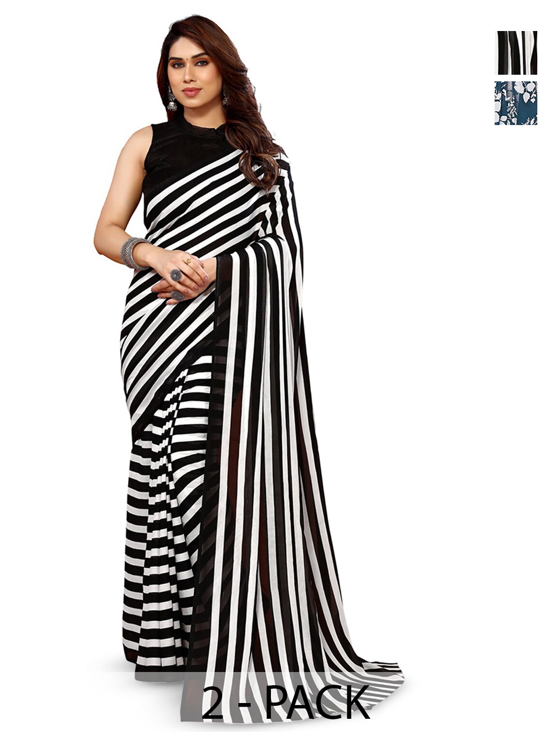 

ANAND SAREES Selection Of 2 Striped Printed Saree, Black