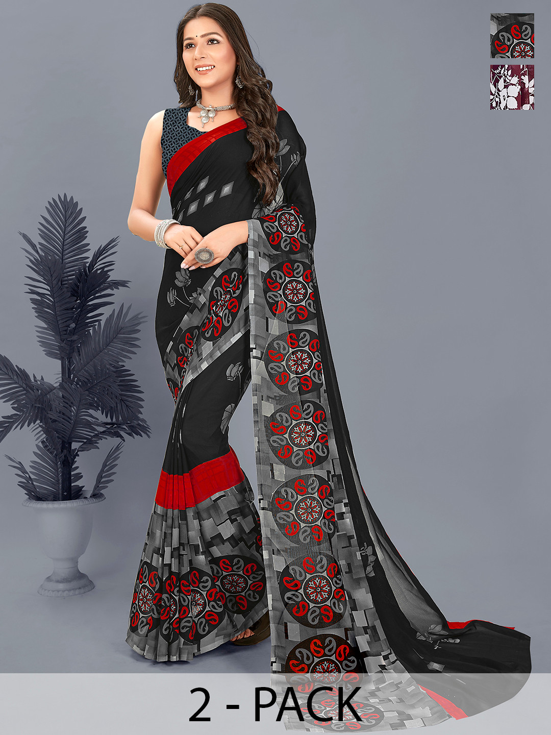 

ANAND SAREES Floral Saree Pack of 2, Black