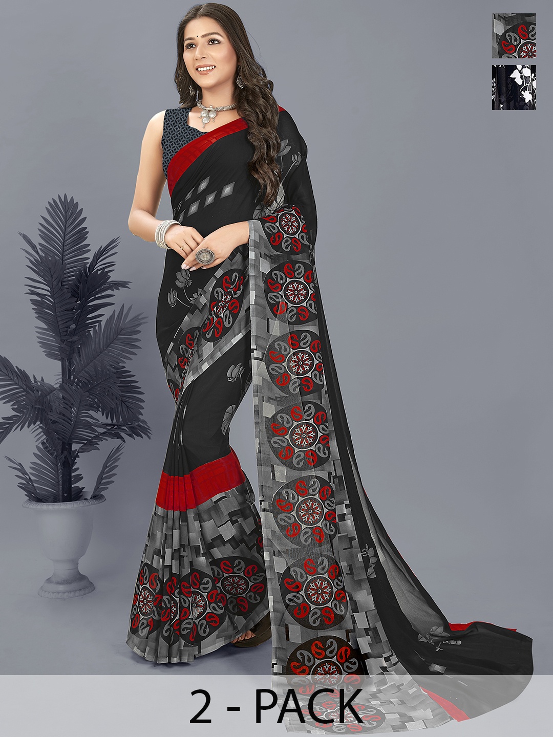 ANAND SAREES Floral Saree Pack of 2, Black