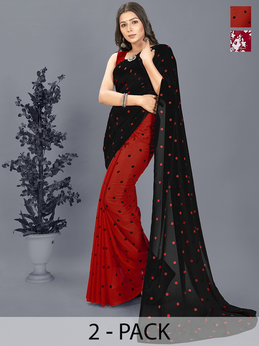 

ANAND SAREES Polka Dot Half and Half Saree Pack of 2, Red