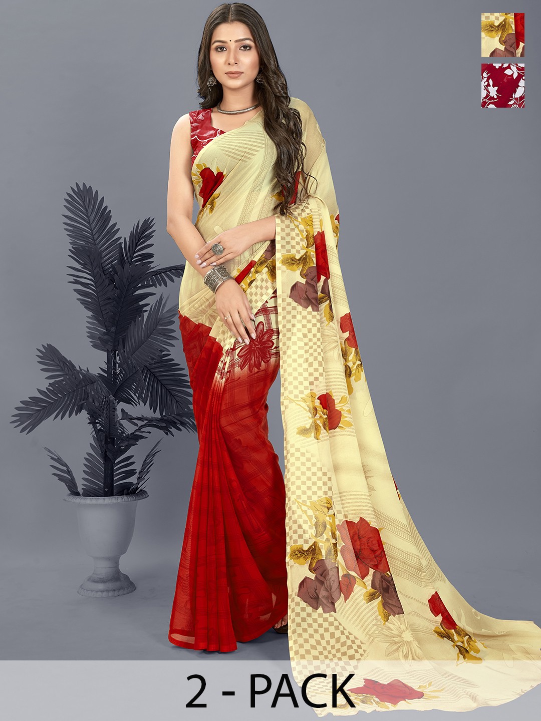

ANAND SAREES Floral Saree Pack of 2, Red