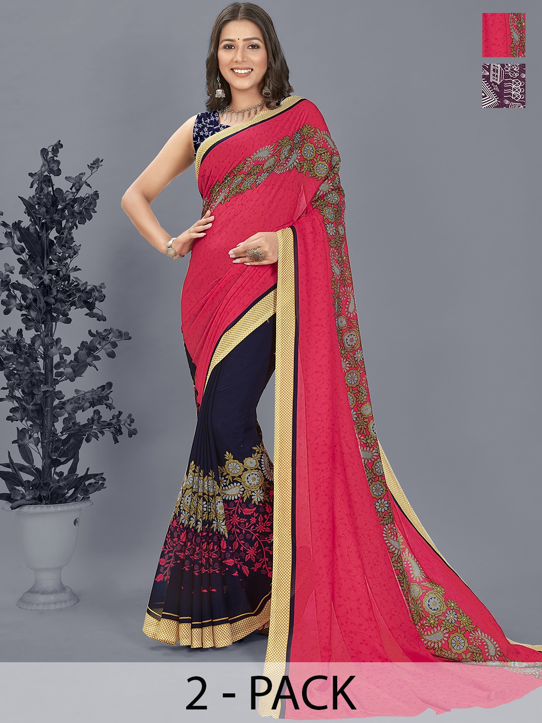 

ANAND SAREES Selection of 2 Printed Saree Half and Half Saree, Purple