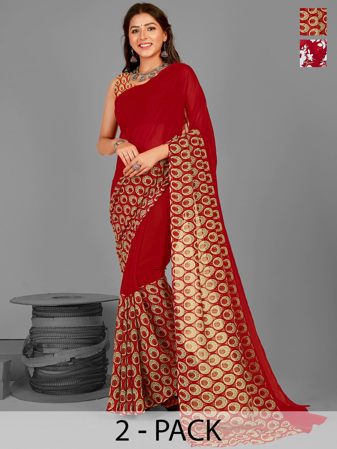 

ANAND SAREES Floral Half and Half Saree Pack of 2, Red