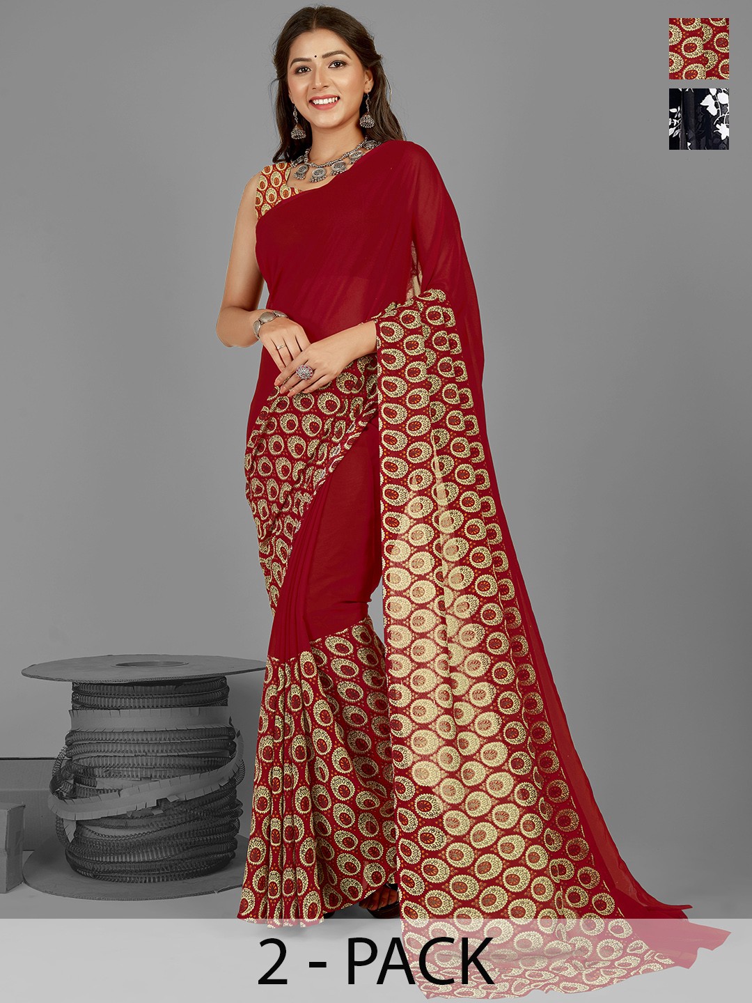 

ANAND SAREES Floral Saree Pack of 2, Black