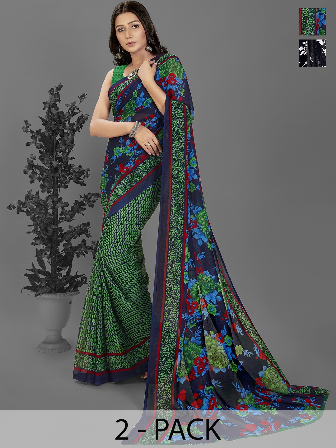 

ANAND SAREES Floral Saree Pack of 2, Black