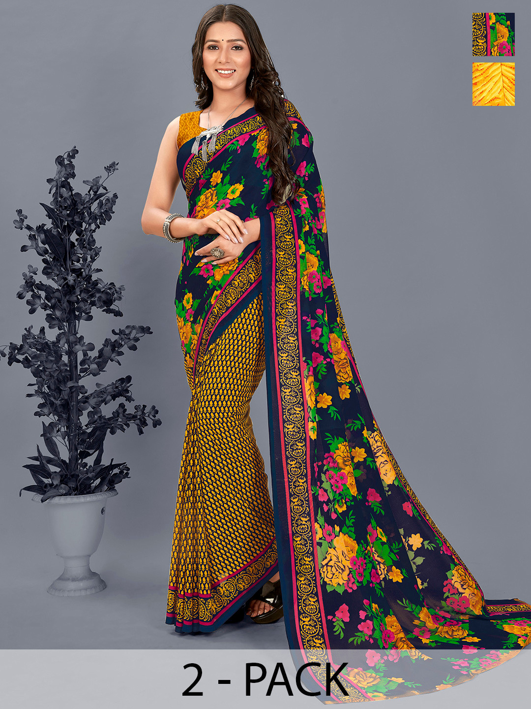 

ANAND SAREES Selection of 2 Printed Saree, Yellow