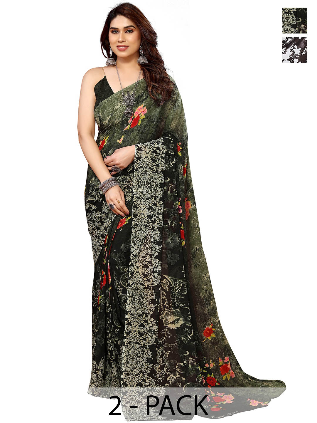 

ANAND SAREES Floral Saree Pack of 2, Black