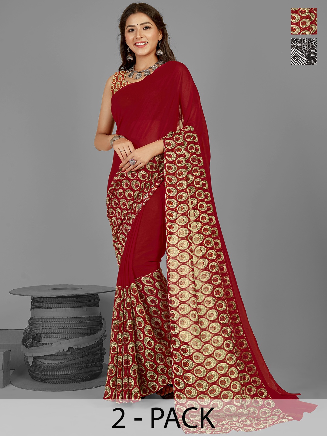 

ANAND SAREES Selection of 2 Printed Half and Half Saree, Black