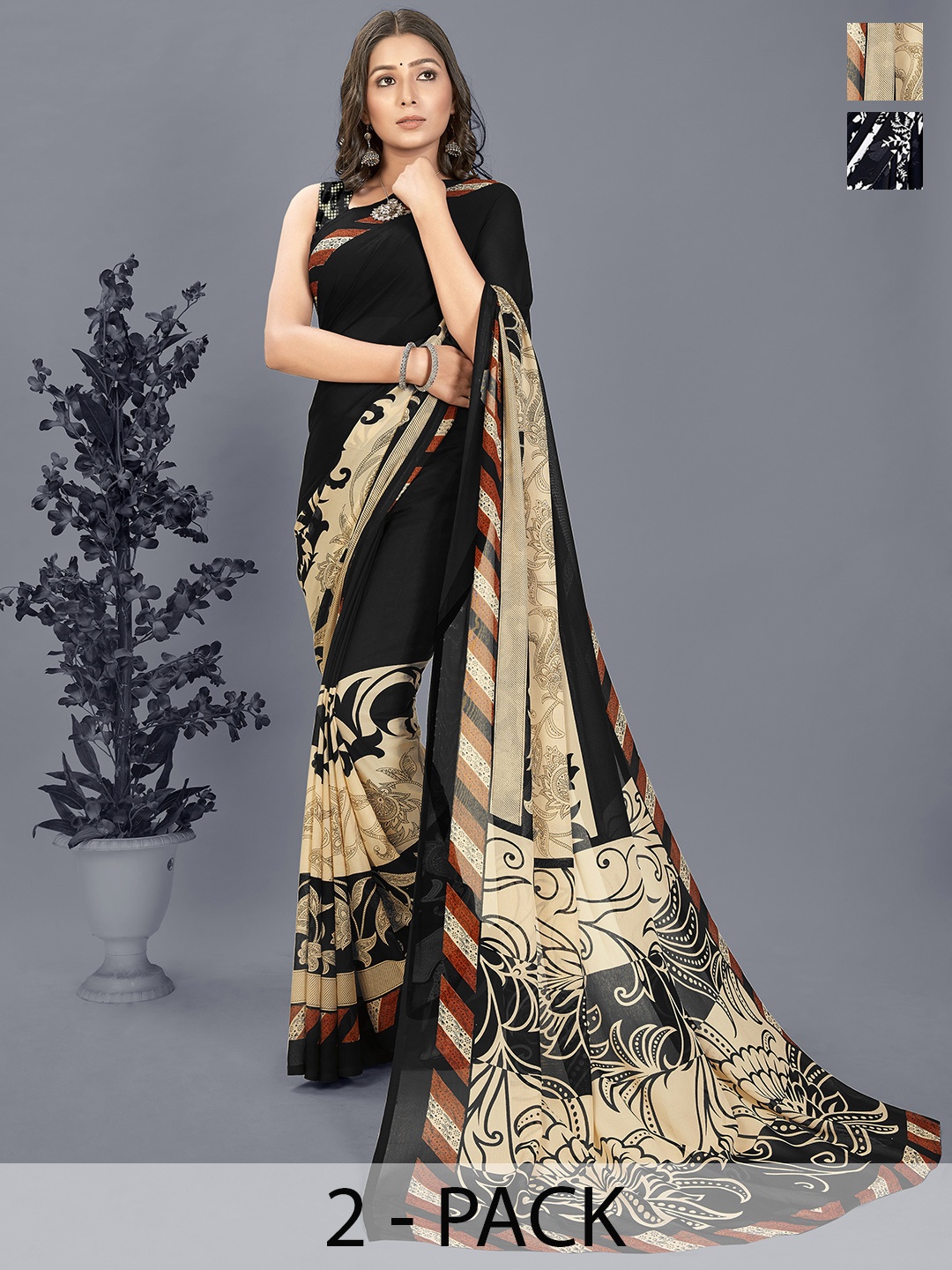 ANAND SAREES Floral Saree Pack of 2, Black