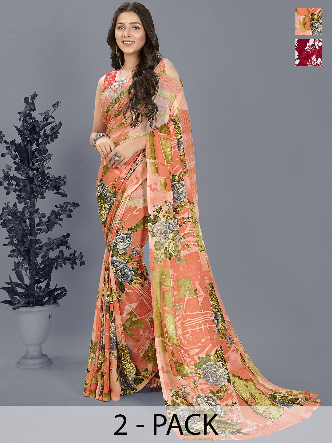 ANAND SAREES Selection of 2 Floral Printed Saree, Red