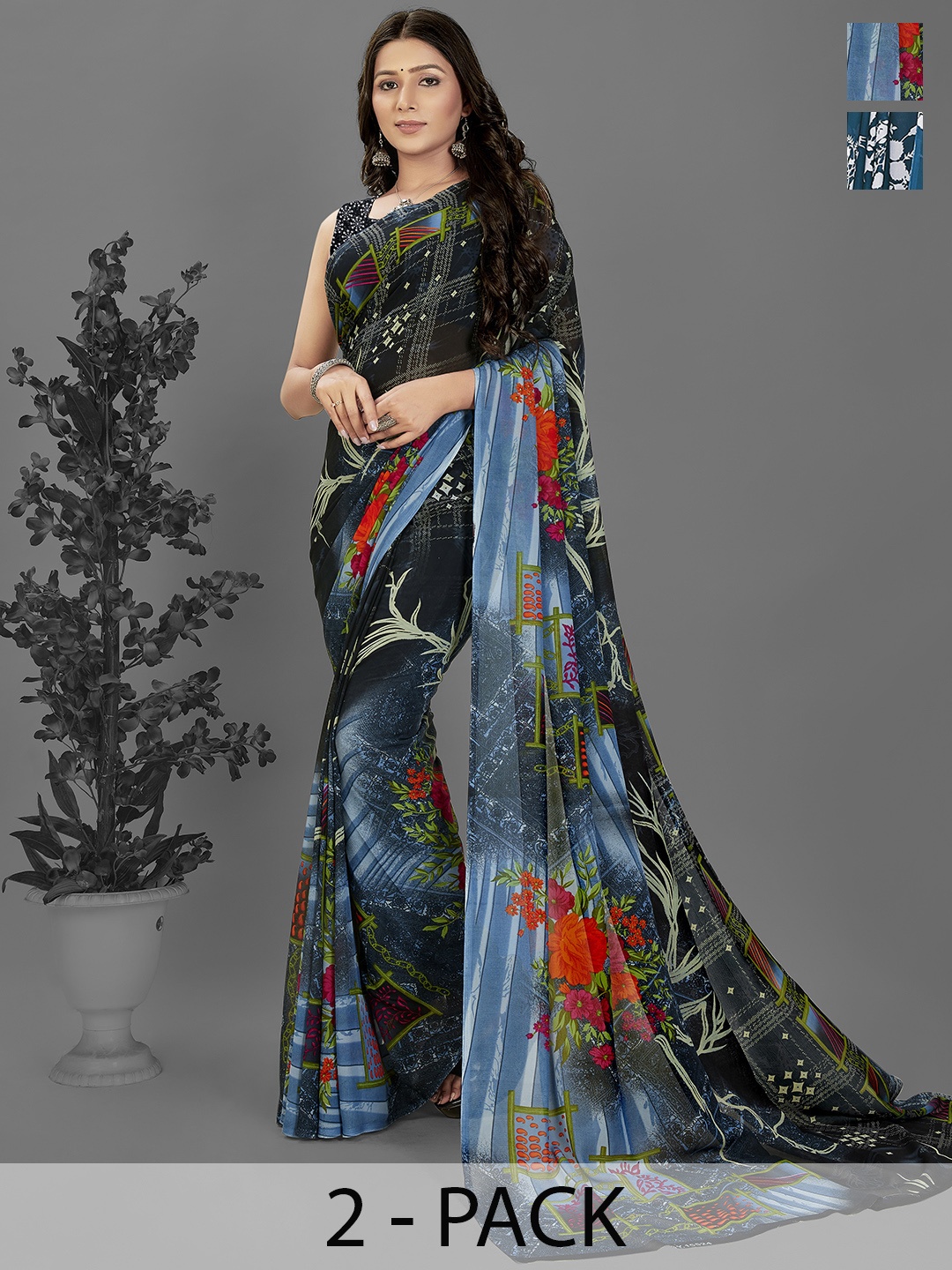 

ANAND SAREES Selection of 2 Floral Printed Saree, Blue