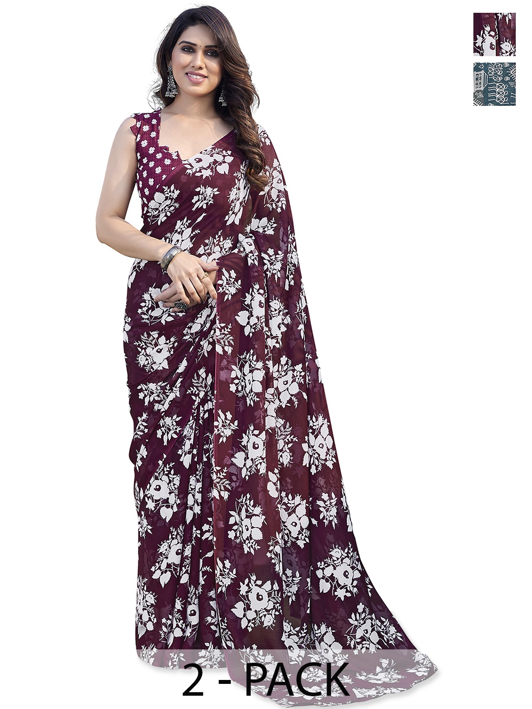 

ANAND SAREES Selection of 2 Floral Printed Saree, Burgundy