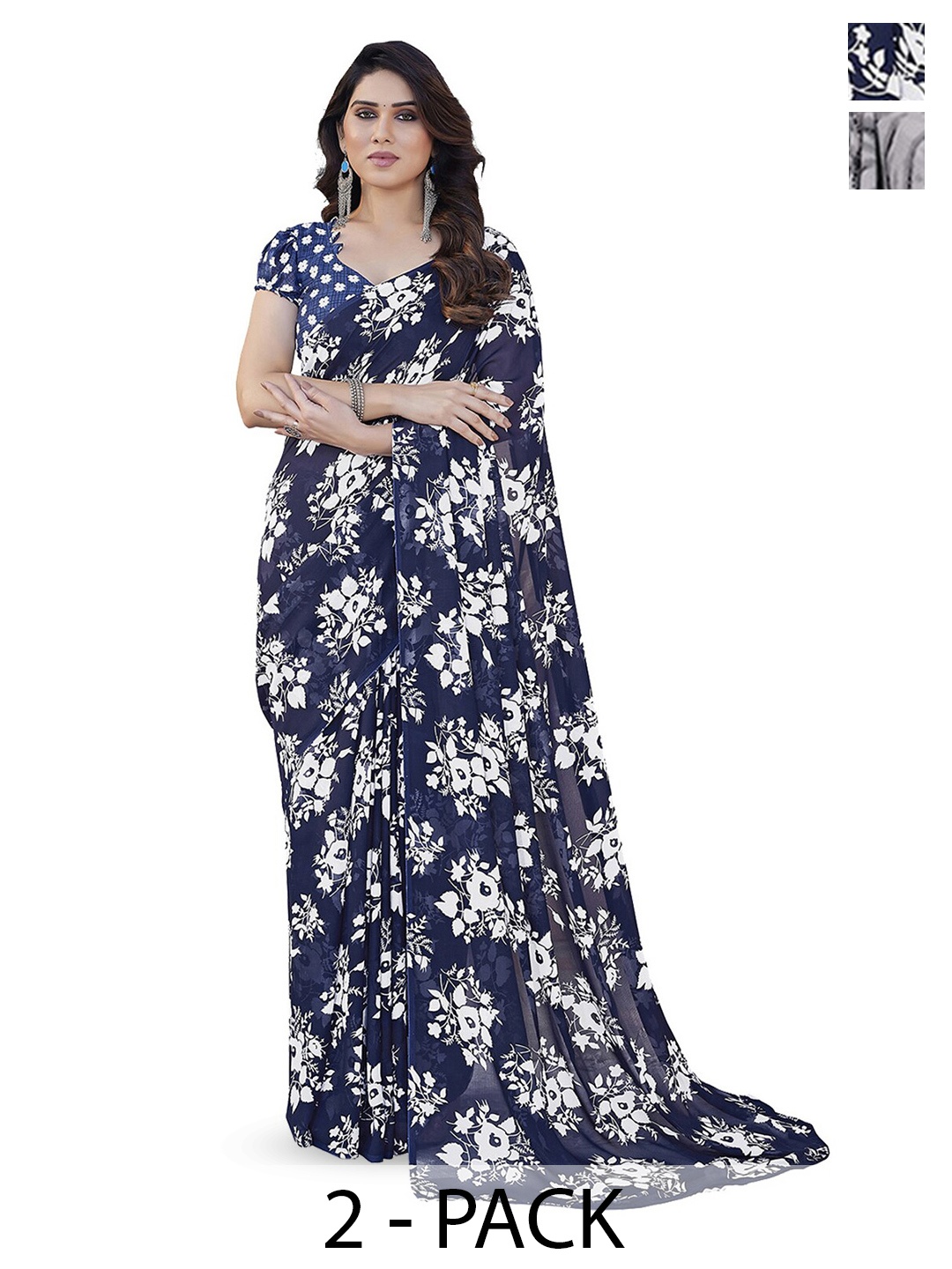 

ANAND SAREES Selection Of 2 Printed Saree, Navy blue
