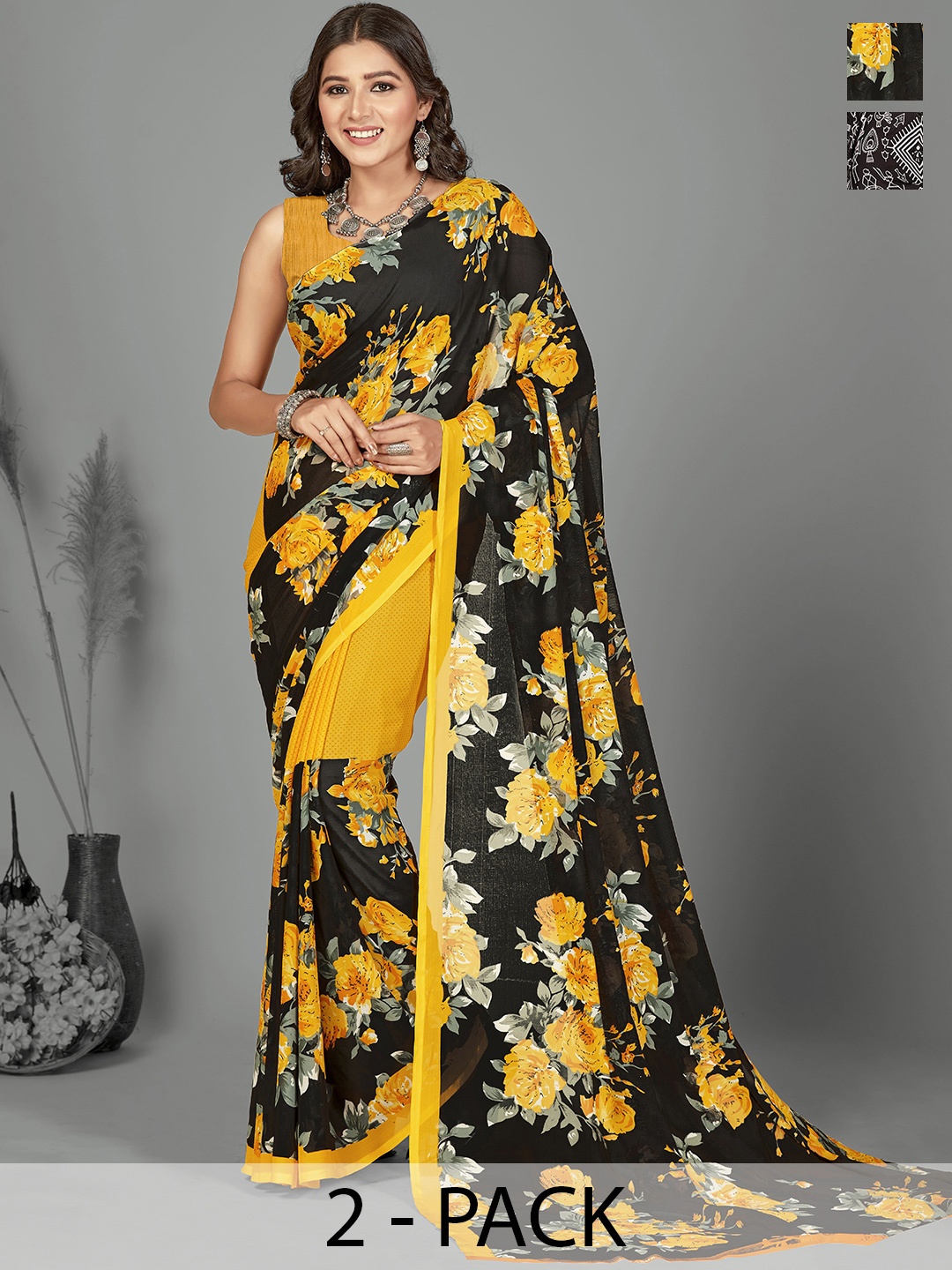 

ANAND SAREES Selection of 2 Floral Printed Saree, Black