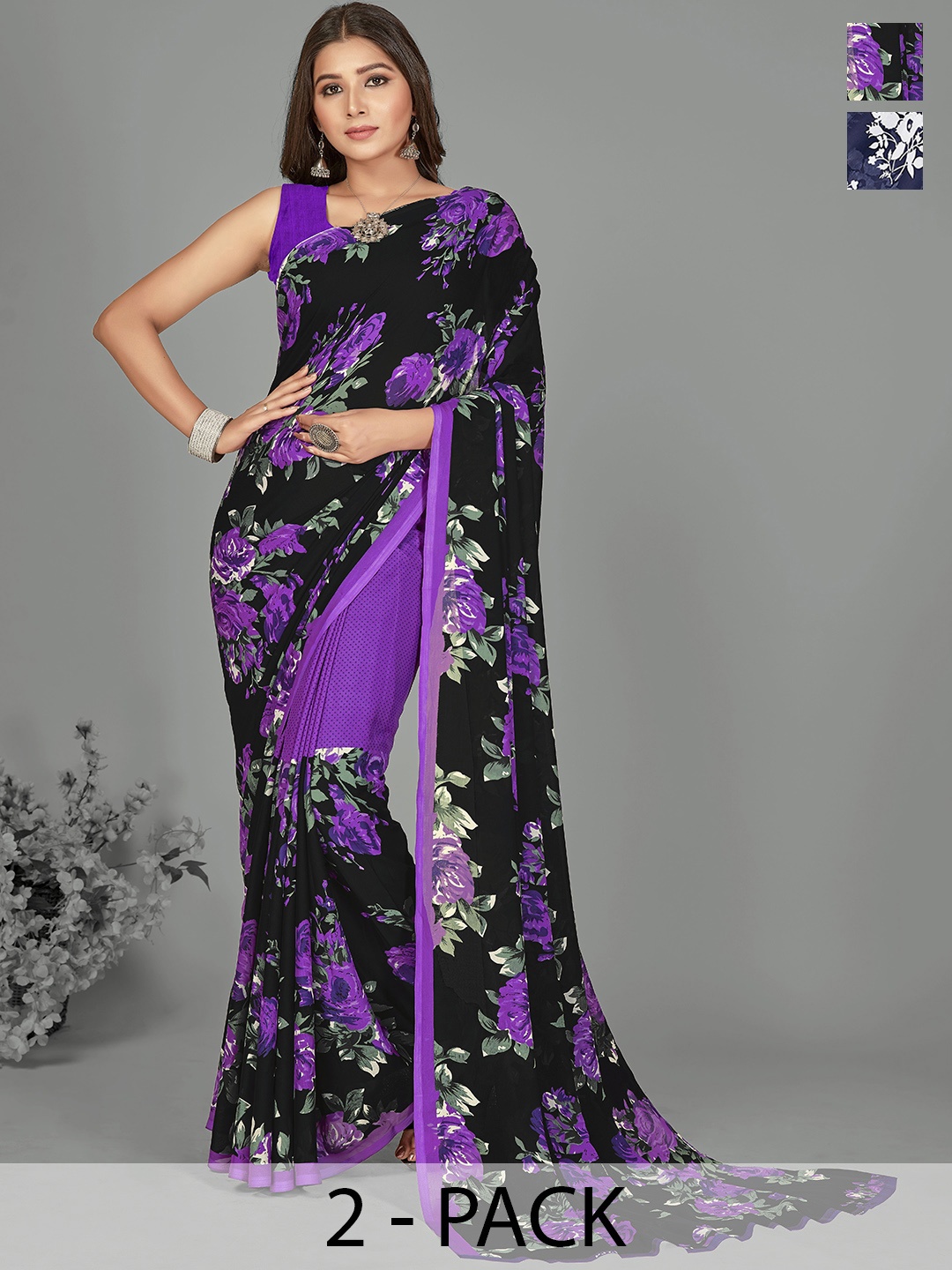 

ANAND SAREES Selection of 2 Floral Printed Saree, Blue