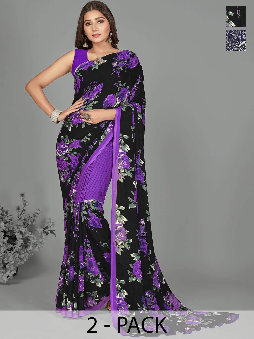 

ANAND SAREES Selection of 2 Floral Printed Saree, Navy blue