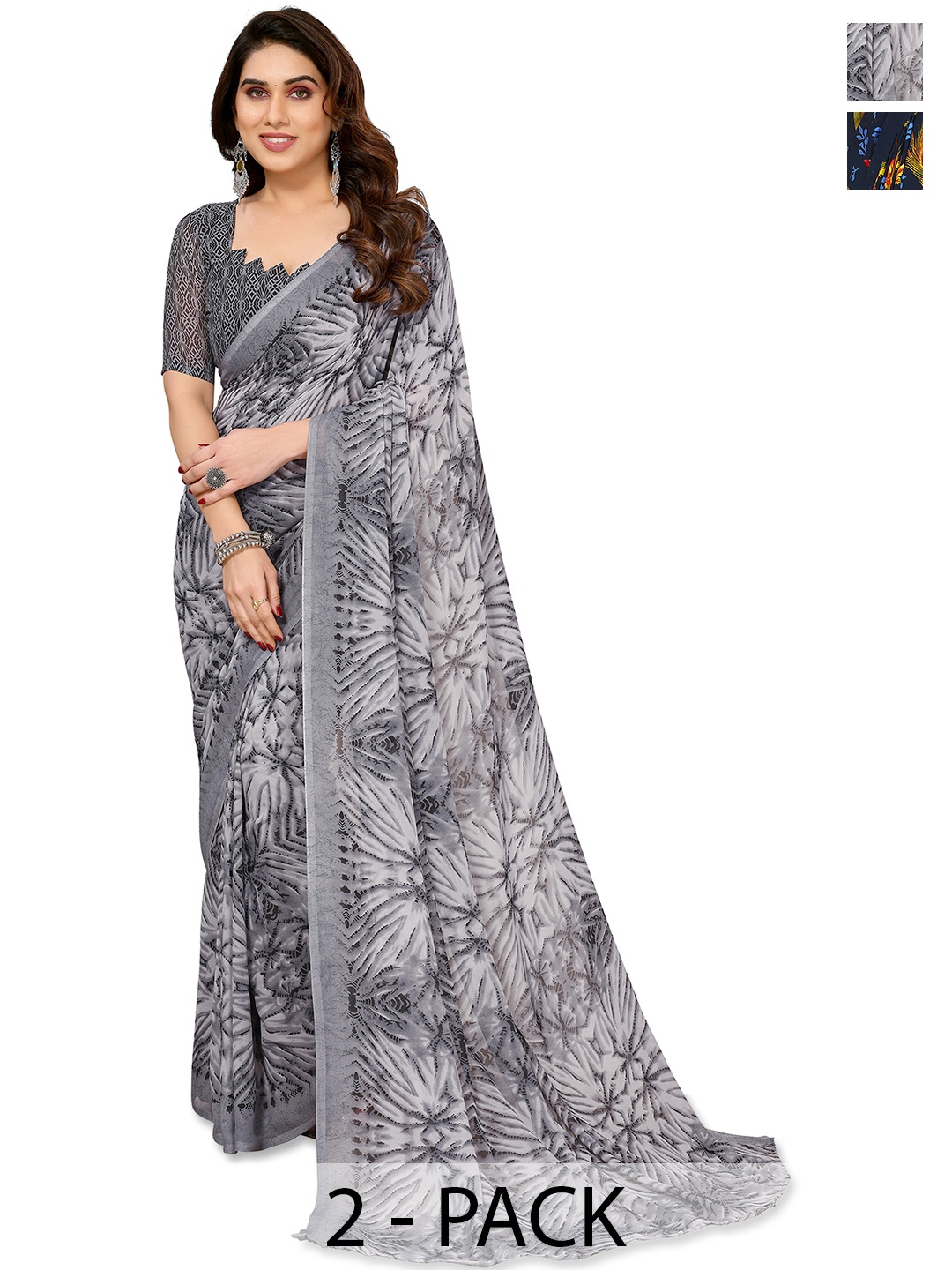 

ANAND SAREES Selection of 2 Floral Printed Saree, Blue