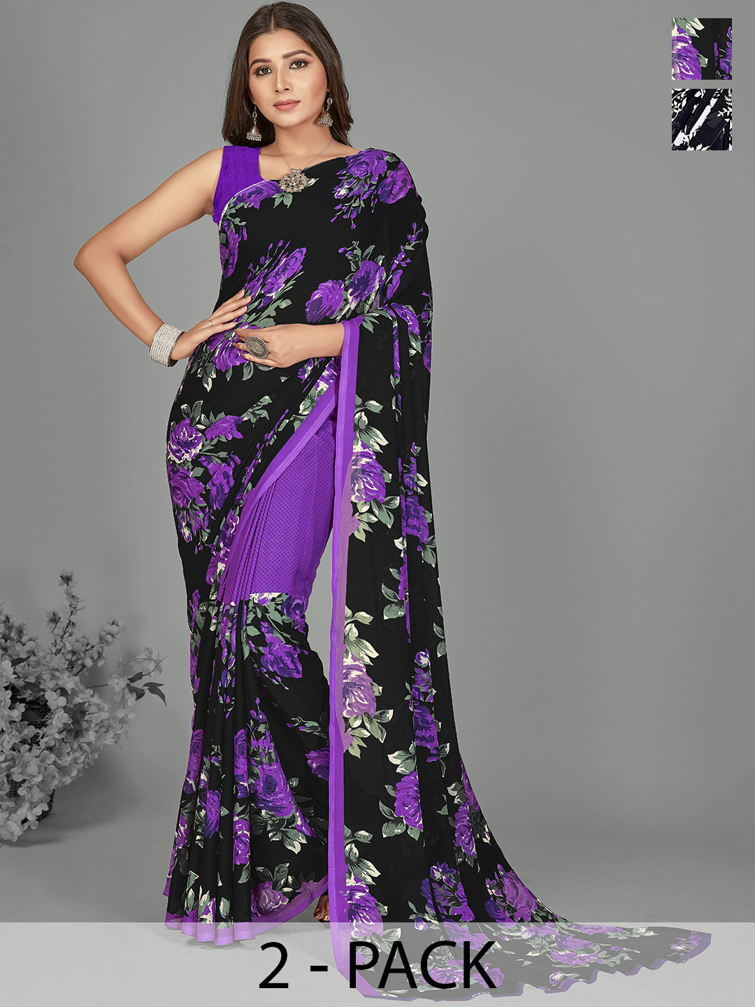 

ANAND SAREES Selection of 2 Floral Printed Saree, Lavender
