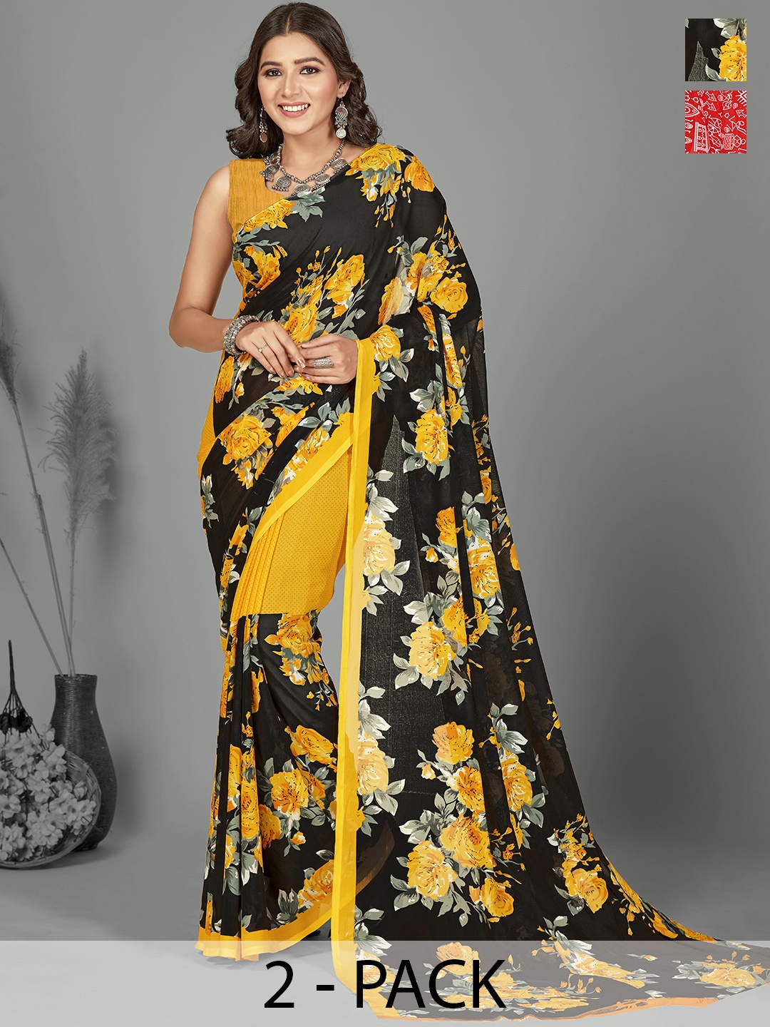 

ANAND SAREES Selection of 2 Floral Printed Saree, Black