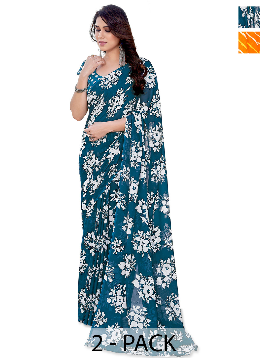 

ANAND SAREES Selection of 2 Floral Printed Saree, Green
