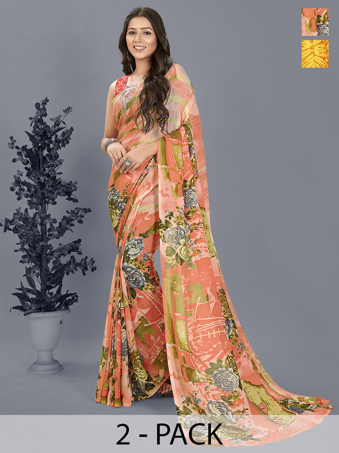 

ANAND SAREES Selection of 2 Printed Saree, Yellow