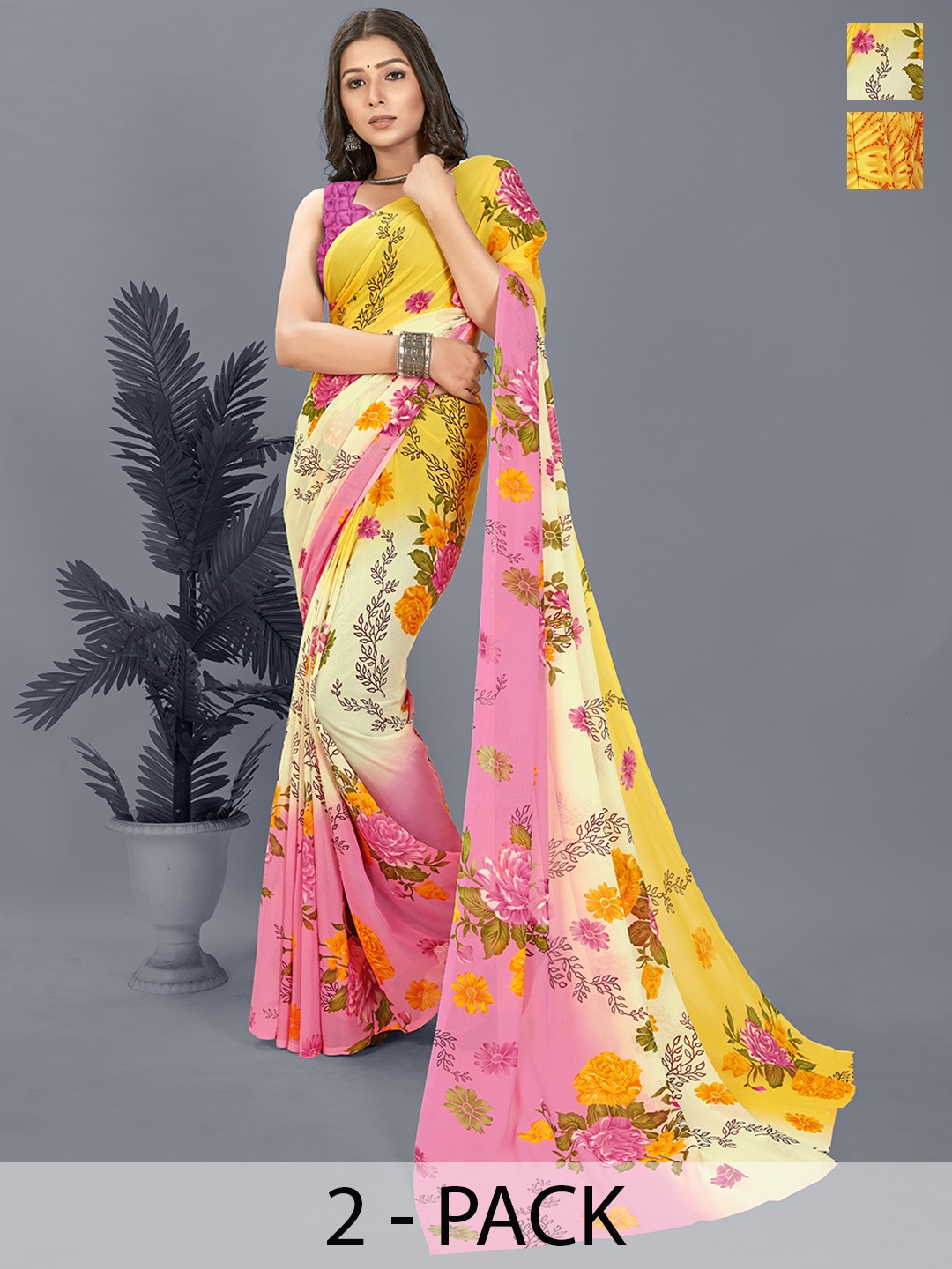 

ANAND SAREES Selection of 2 Floral Printed Saree, Yellow