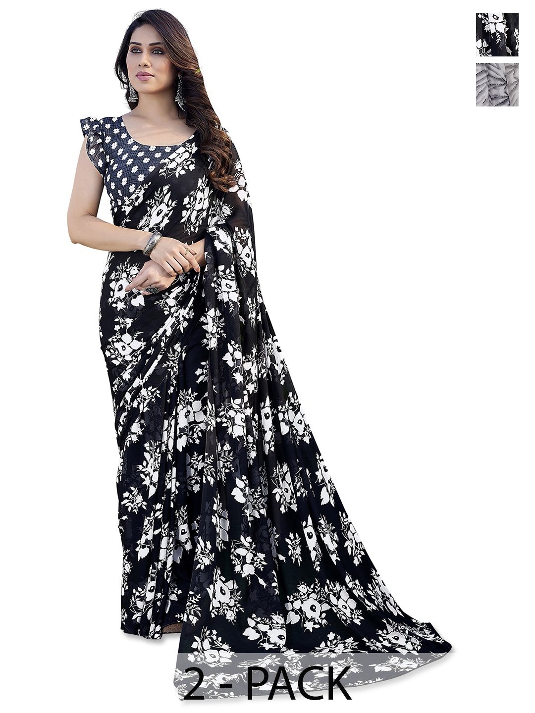 

ANAND SAREES Selection of 2 Floral Printed Saree, Black
