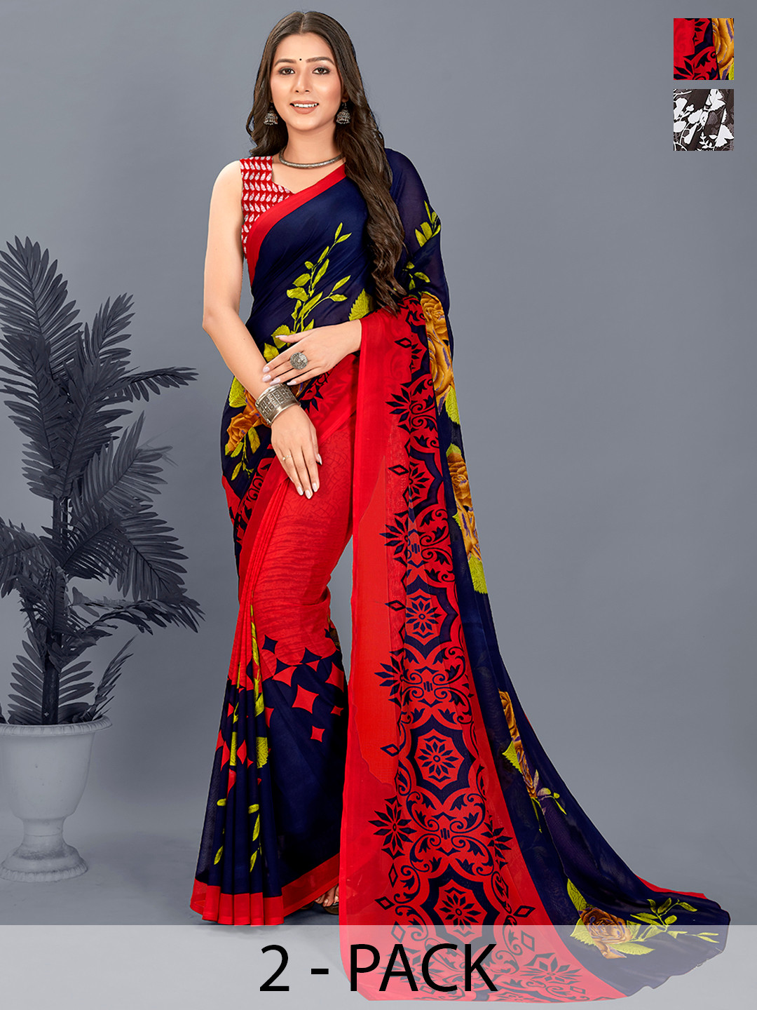 

ANAND SAREES Selection of 2 Floral Printed Saree, Blue