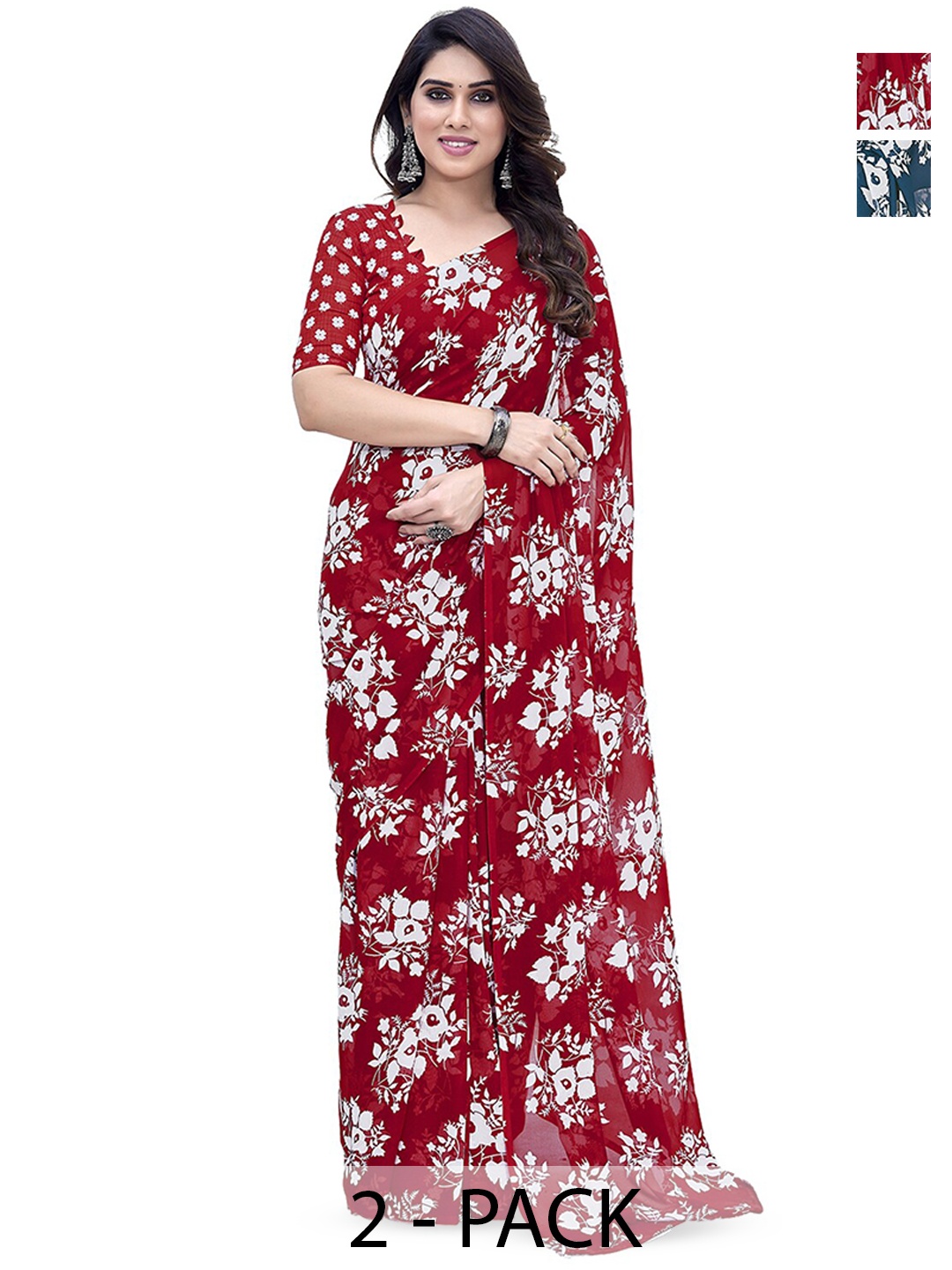 

ANAND SAREES Selection Of 2 Floral Printed Saree, Red