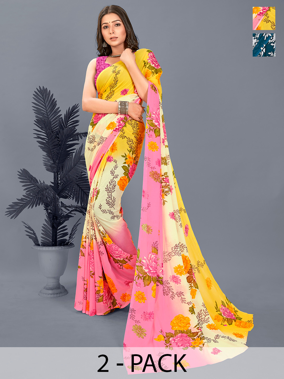 

ANAND SAREES Selection of 2 Floral Printed Saree, Blue