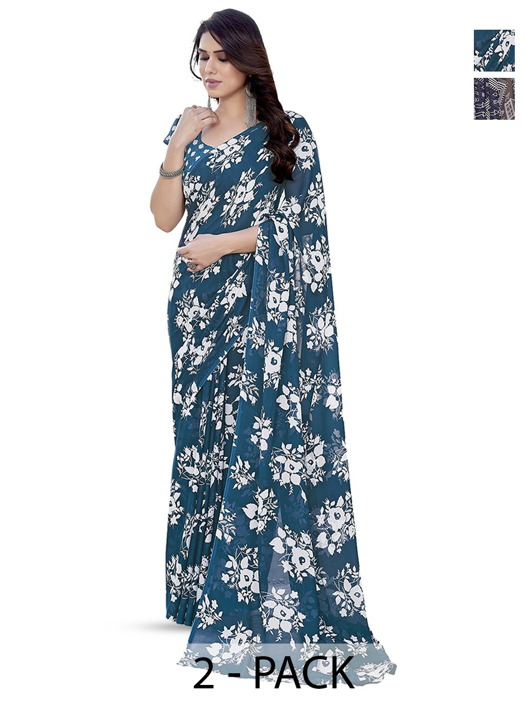 

ANAND SAREES Selection Of 2 Floral Printed Saree, Blue