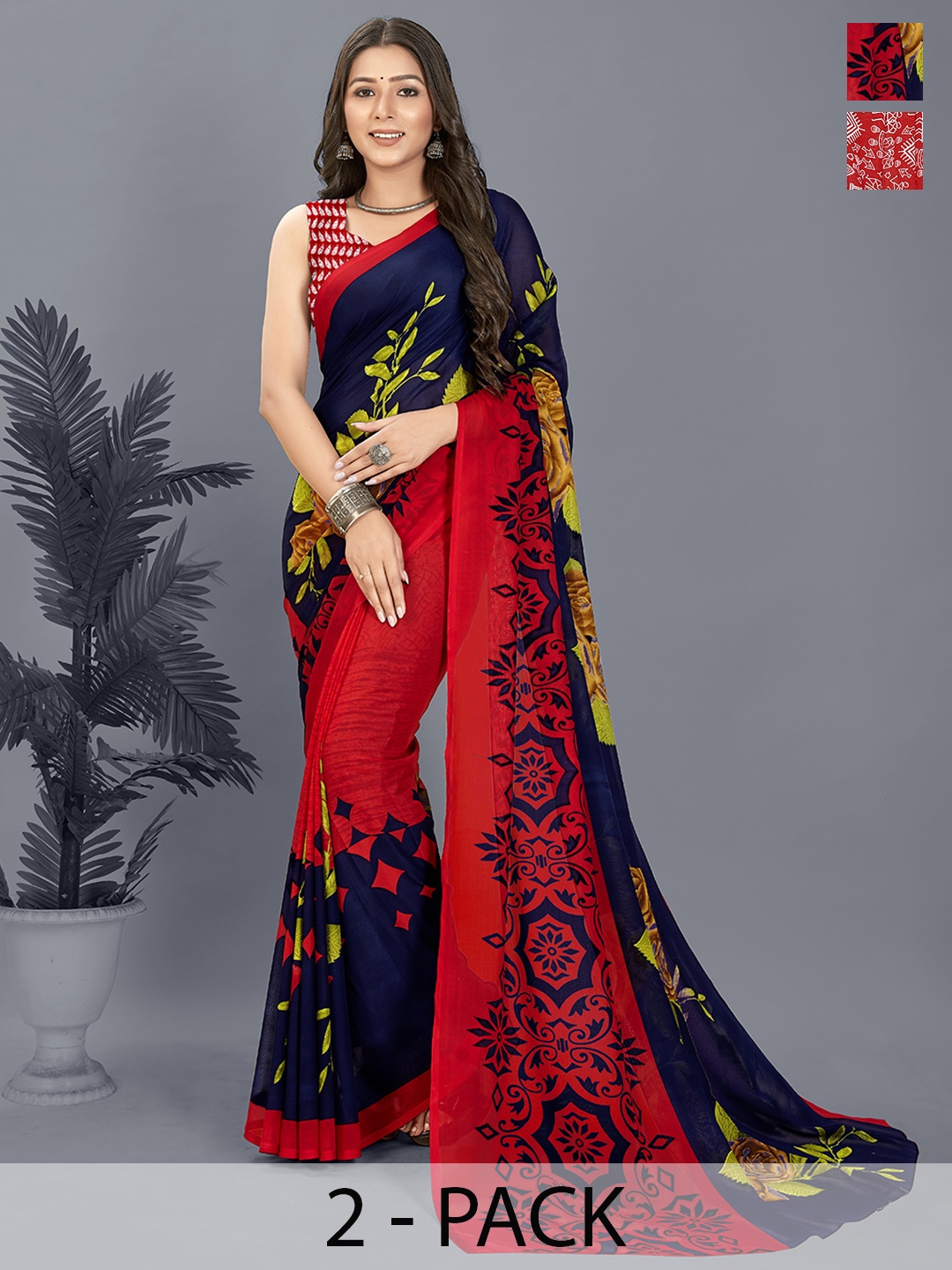 

ANAND SAREES Selection of 2 Printed Saree, Red
