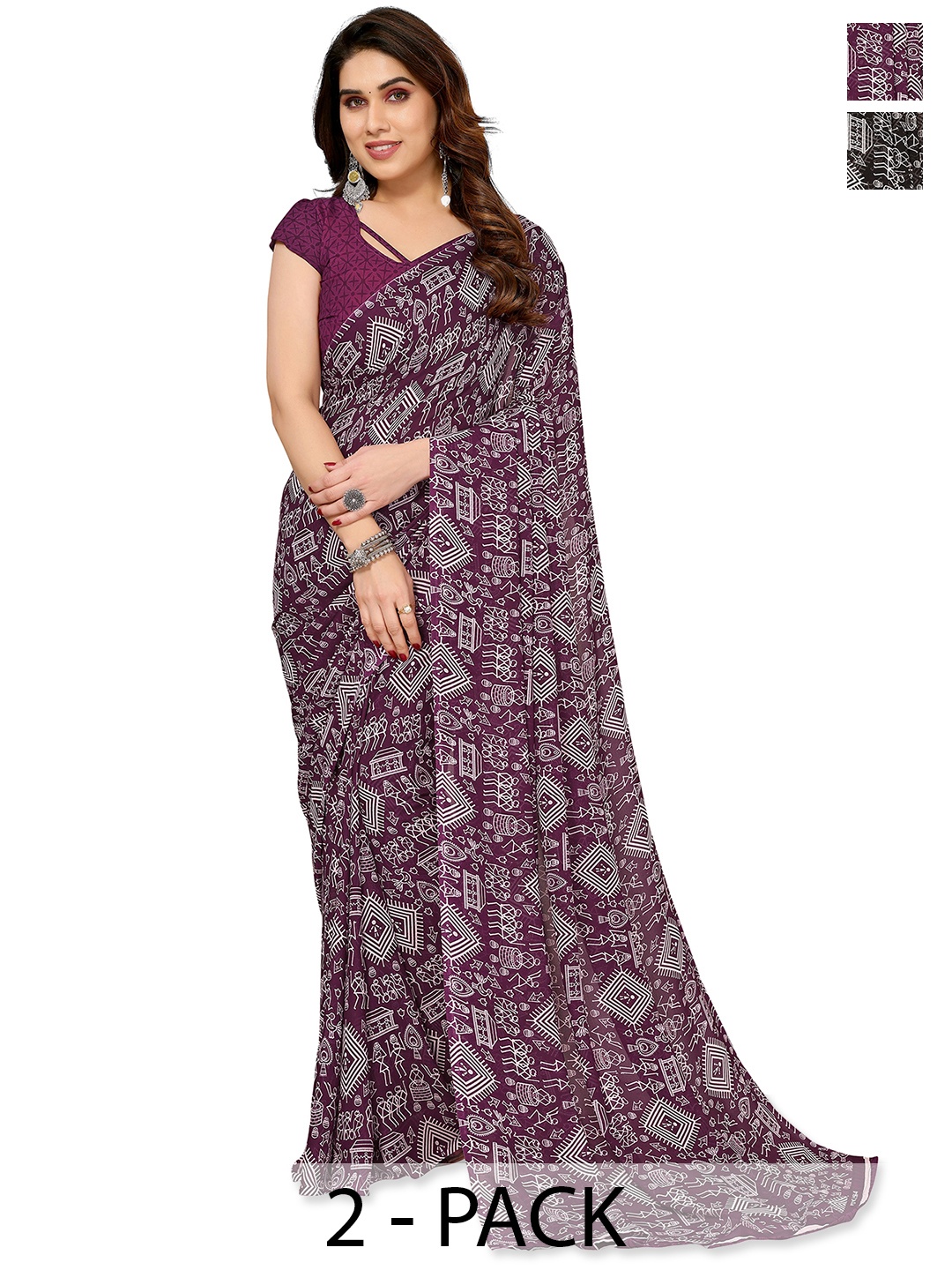 

ANAND SAREES Selection of 2 Printed Saree, Black