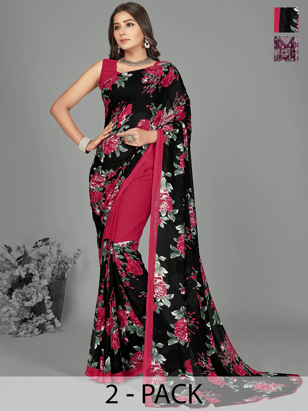 

ANAND SAREES Selection of 2 Floral Printed Saree, Maroon