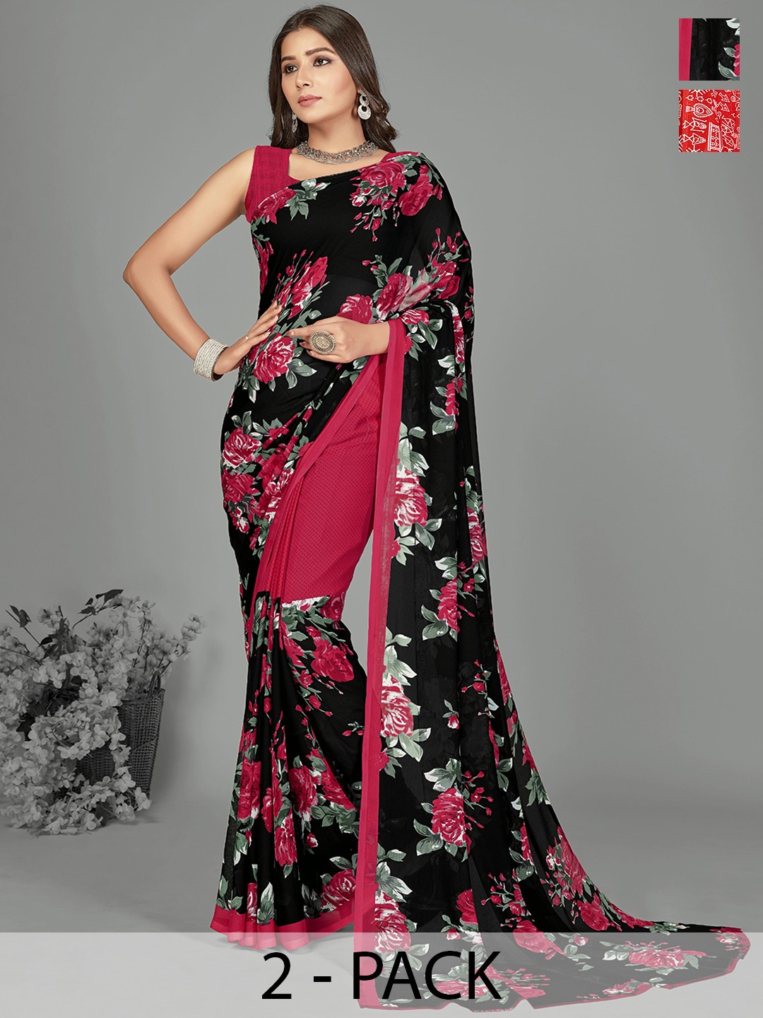 

ANAND SAREES Selection of 2 Floral Printed Saree, Red