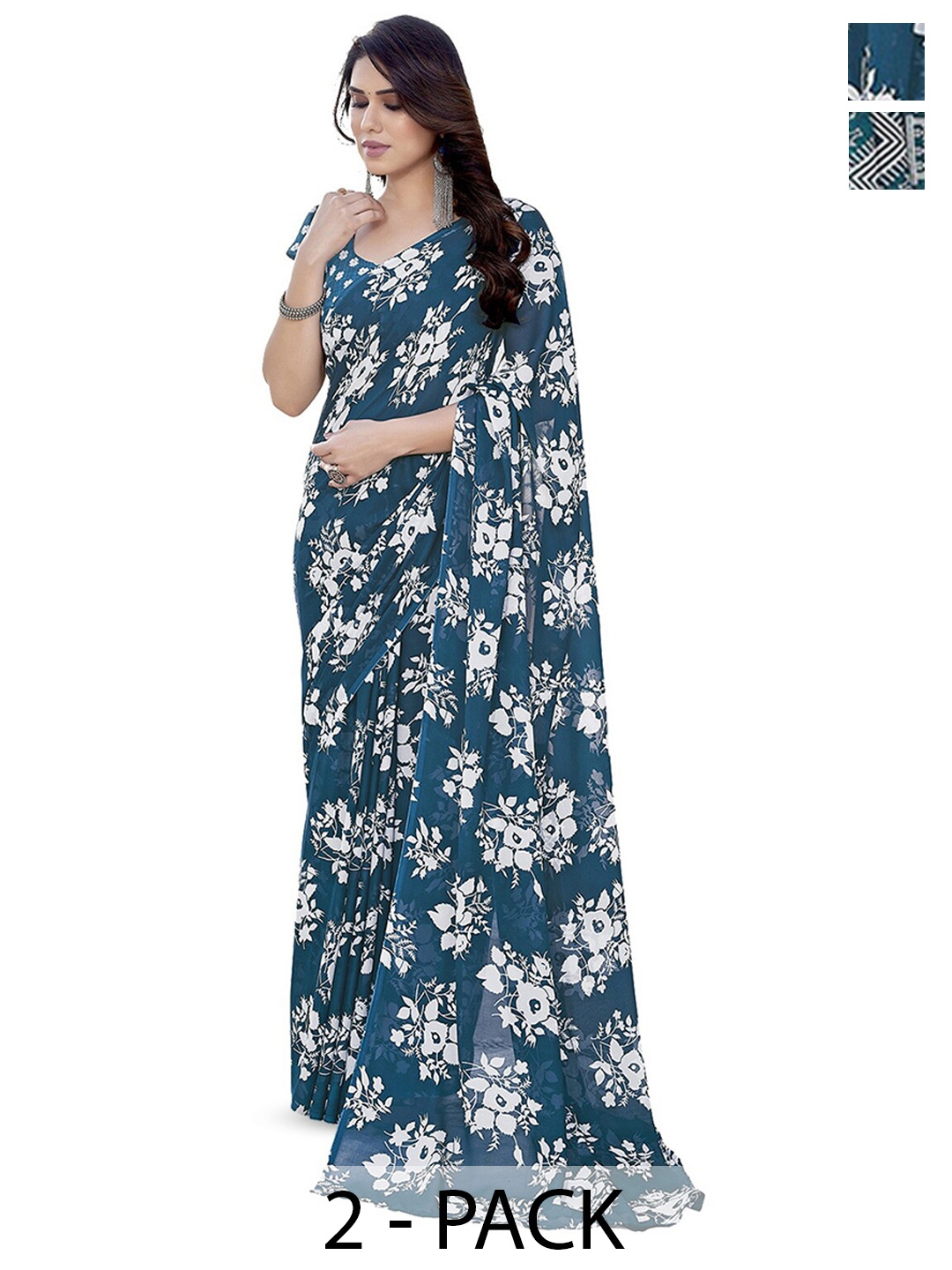 

ANAND SAREES Selection Of 2 Printed Saree, Teal