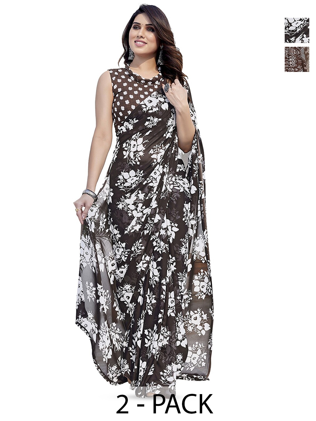 ANAND SAREES Selection Of 2 Floral Printed Saree, Black
