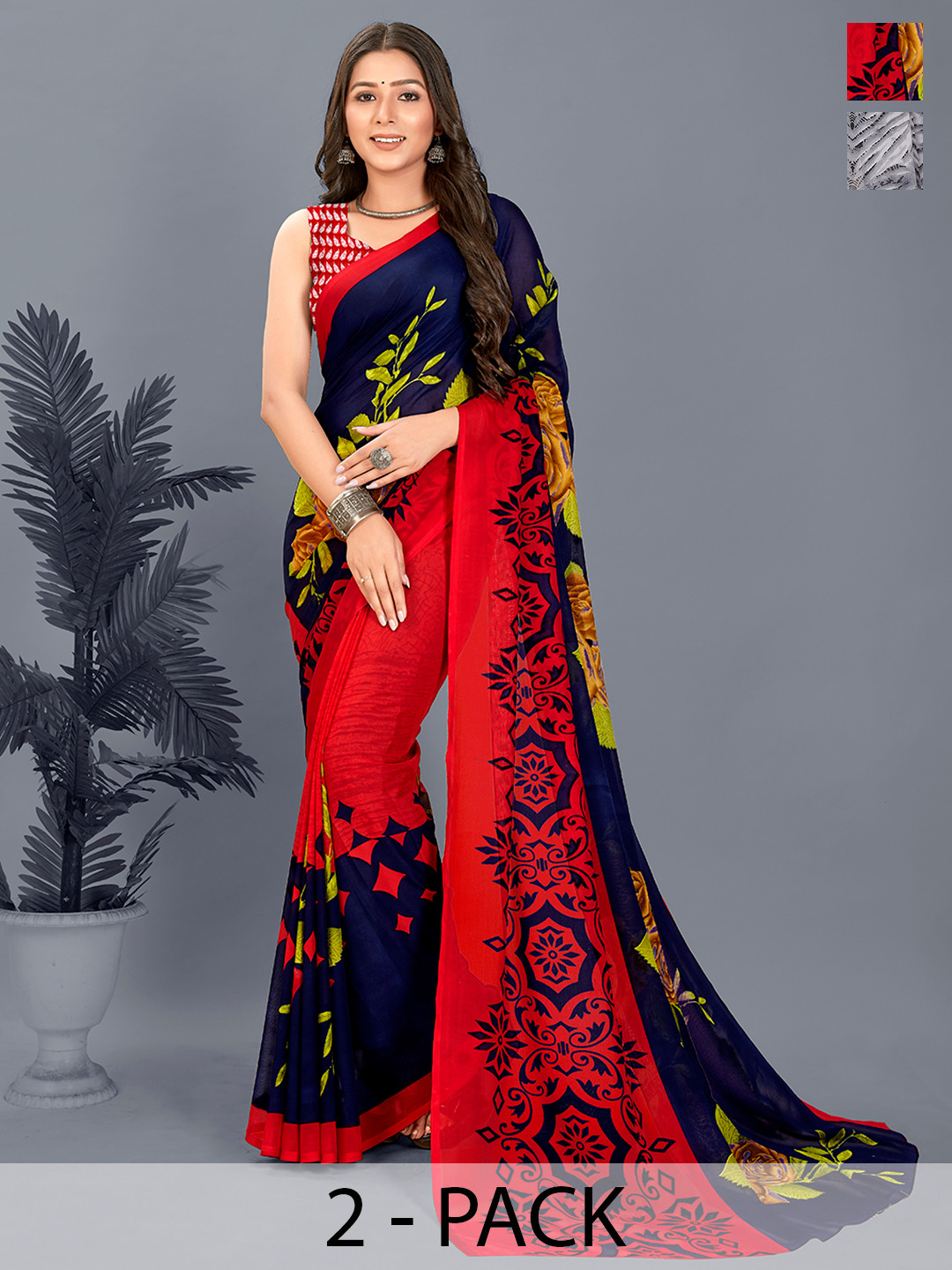 

ANAND SAREES Selection of 2 Printed Saree, Black