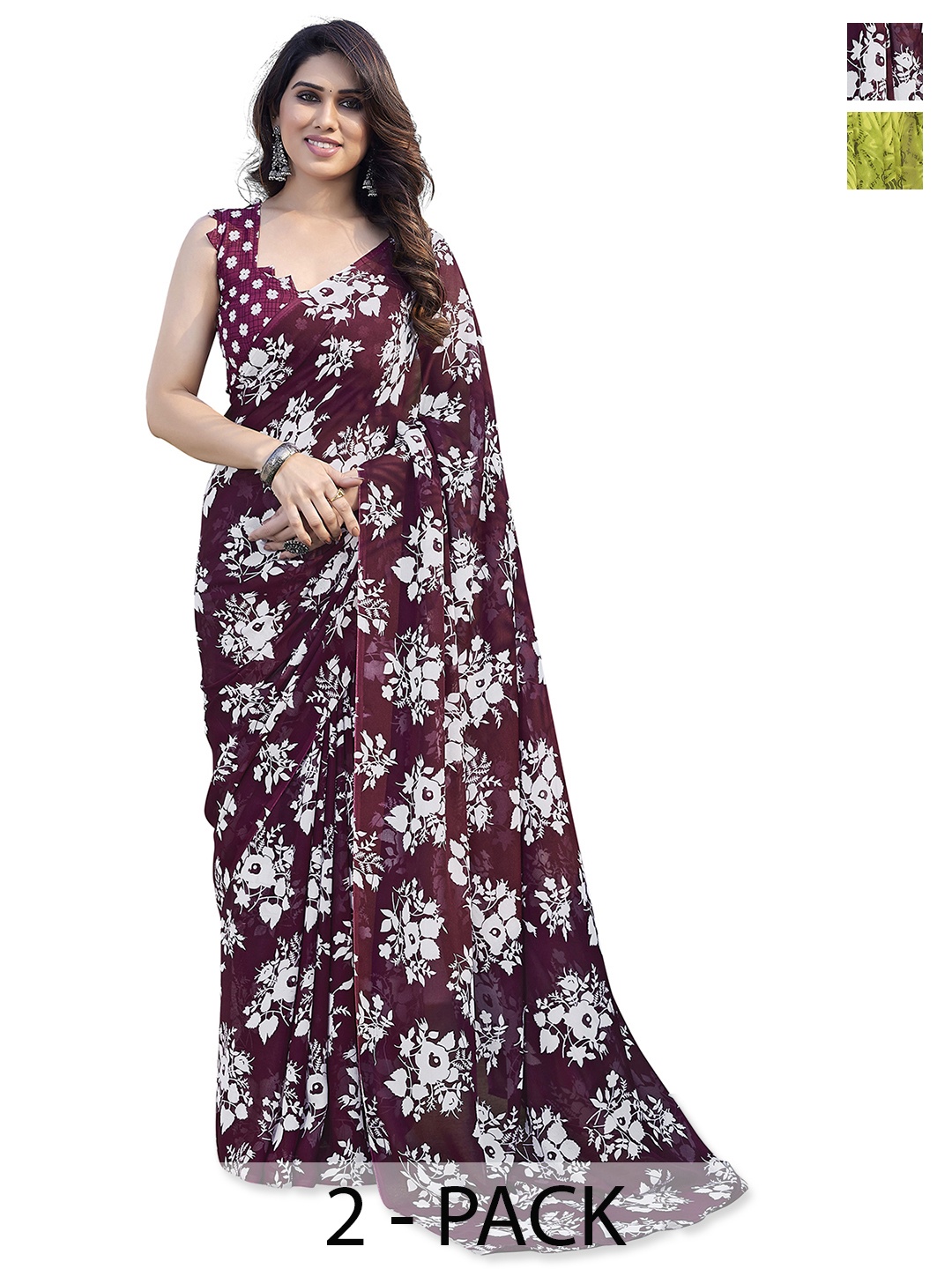 ANAND SAREES Selection of 2 Floral Printed Saree, Purple