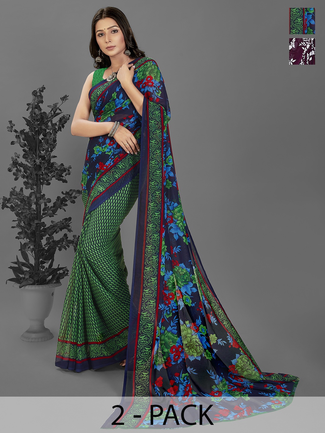 

ANAND SAREES Selection of 2 Floral Printed Saree, Green
