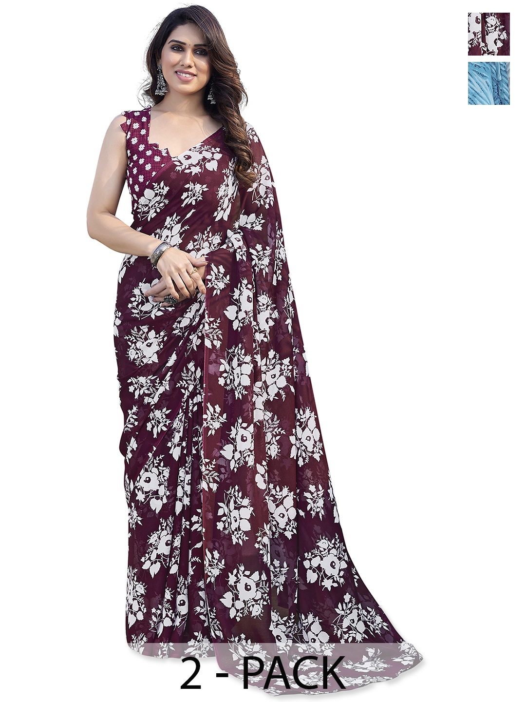 

ANAND SAREES Selection of 2 Floral Printed Saree, Burgundy