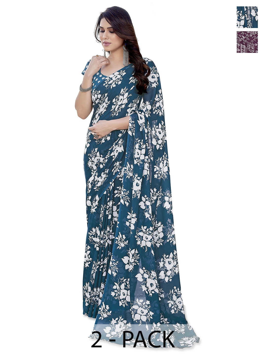 ANAND SAREES Selection of 2 Floral Printed Saree, Blue