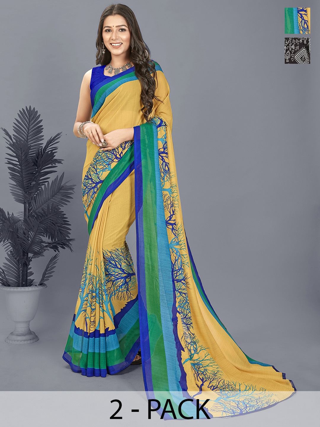 ANAND SAREES Selection of 2 Printed Saree, Black