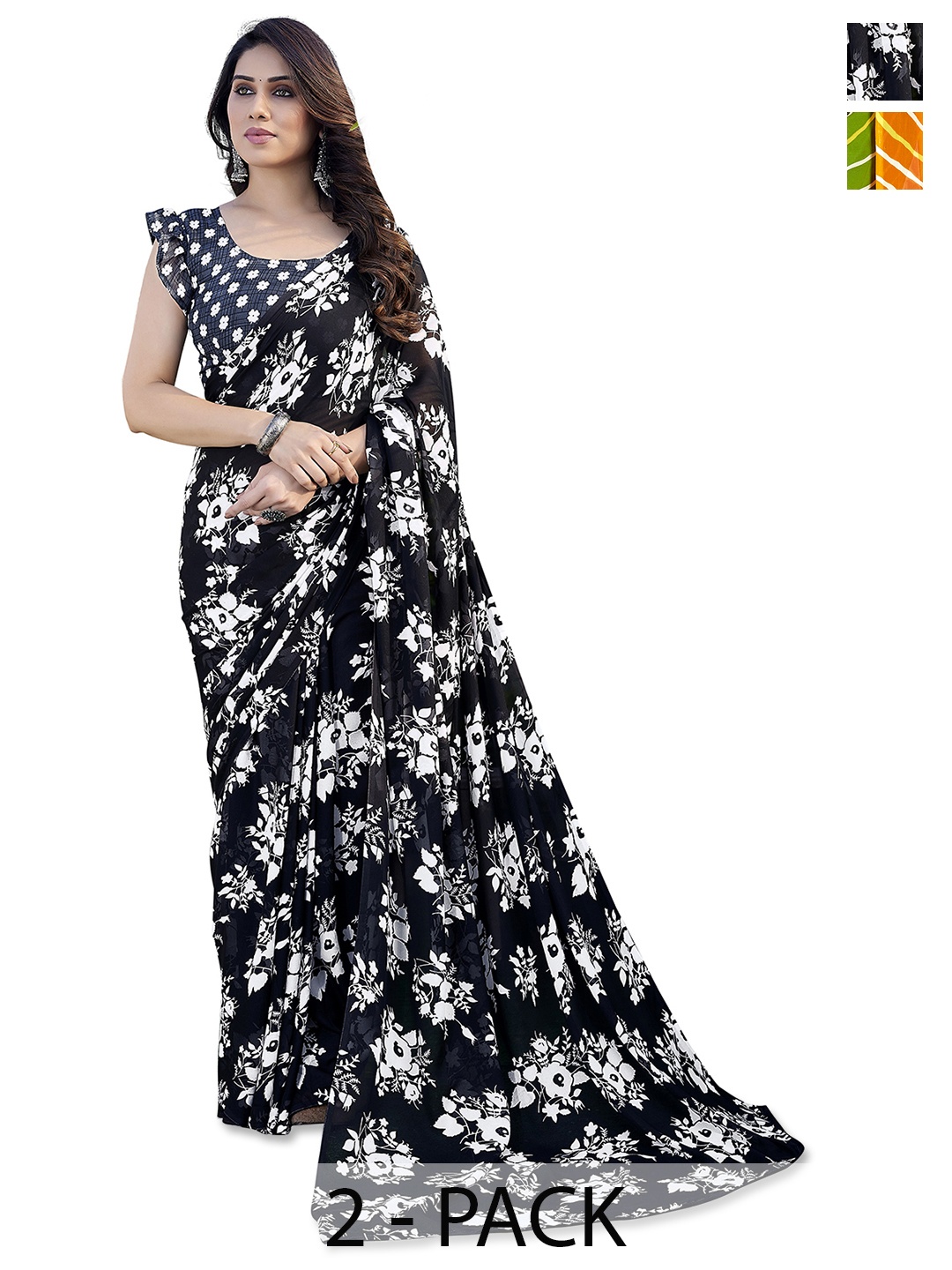 

ANAND SAREES Selection of 2 Floral Printed Saree, Black