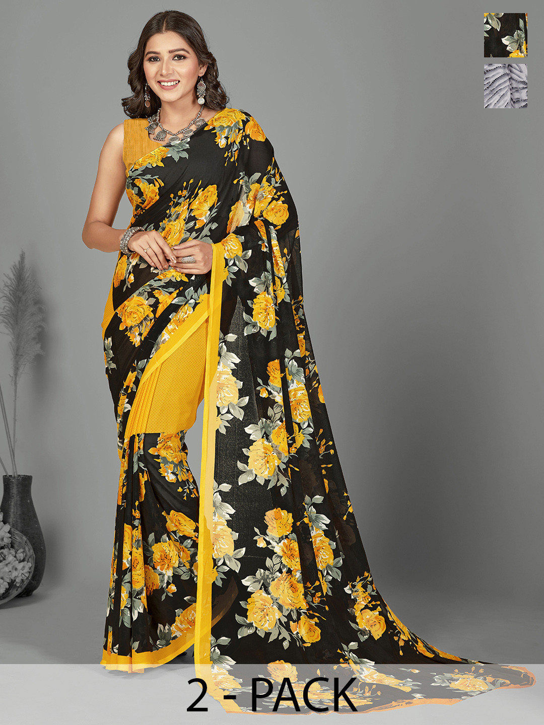 

ANAND SAREES Selection of 2 Floral Printed Saree, Grey