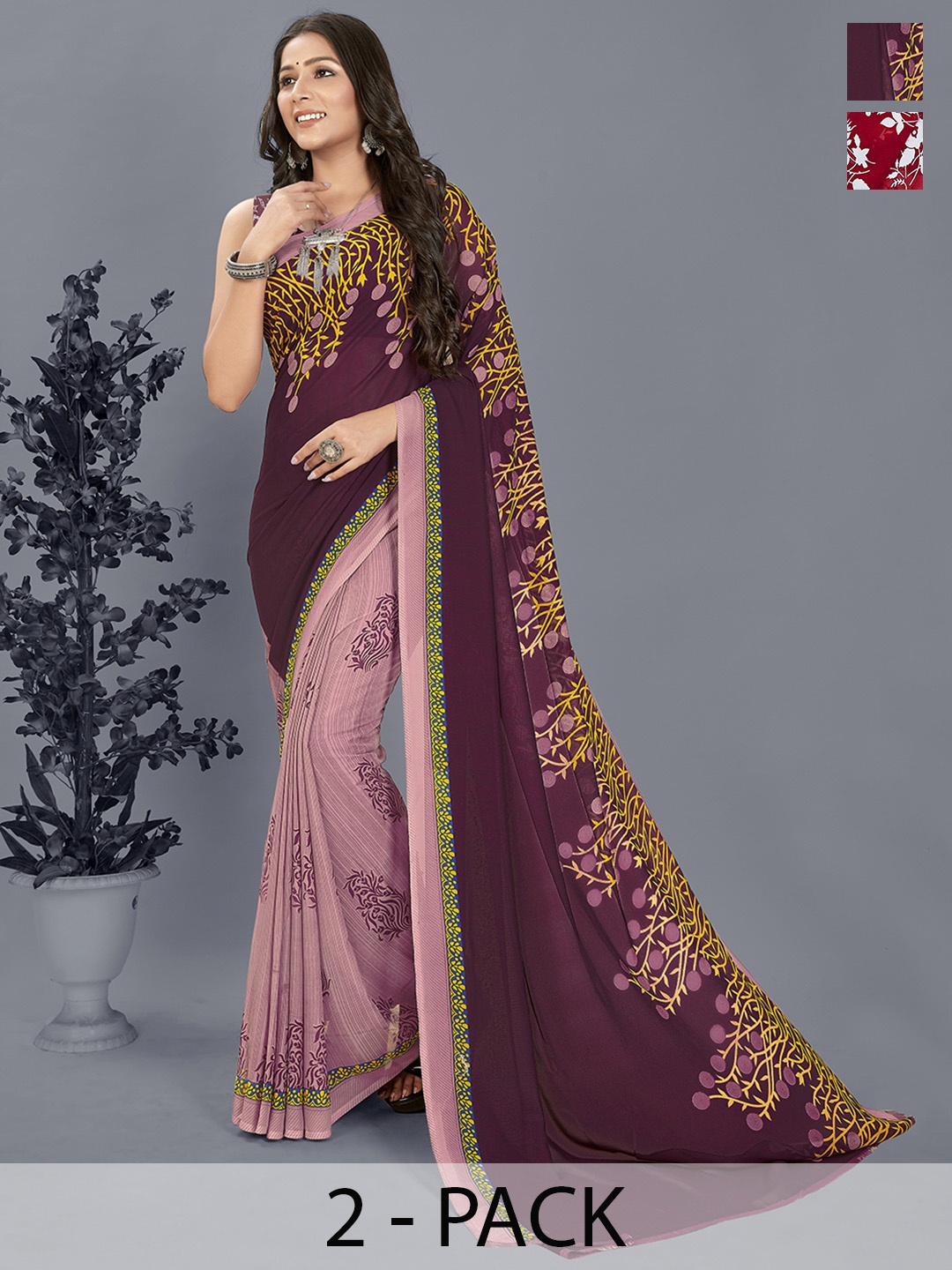 ANAND SAREES Selection of 2 Floral Printed Saree, Red